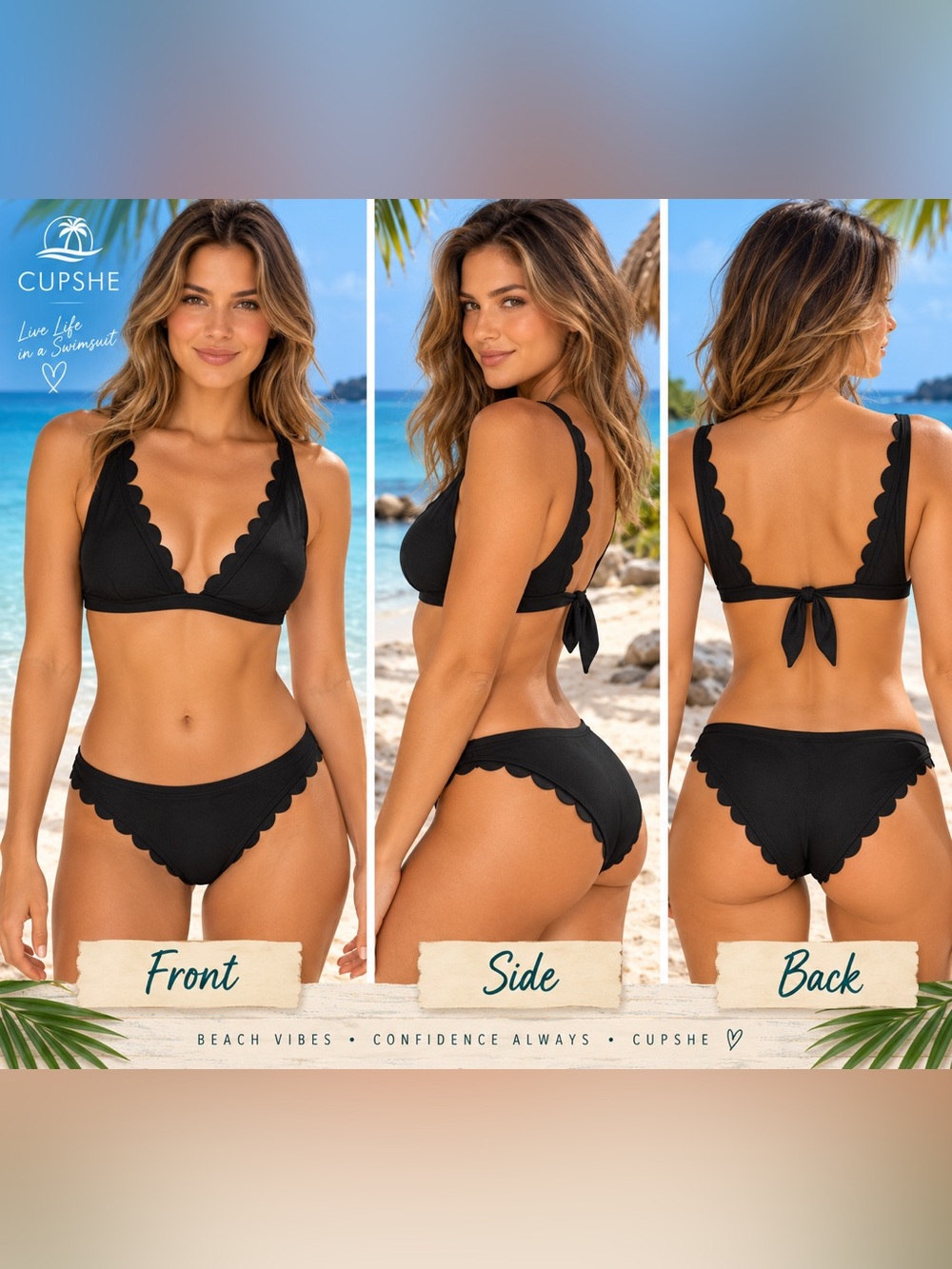 NWT - CUPSHE Black Scalloped Bikini Set Tie Back Size Small